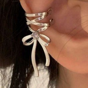 Silver Tone Corset Laced Up Ear Cuff Set w/ Rhinestone Accent Bows